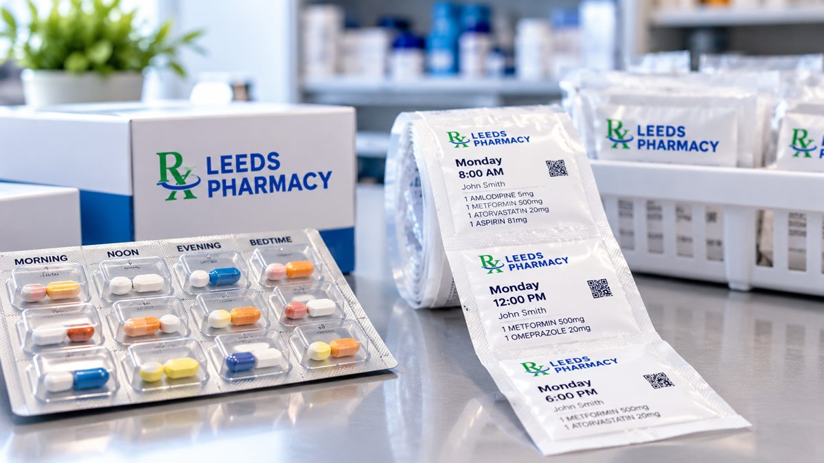 Medication blister packs and organized prescription pouches at Leeds Pharmacy